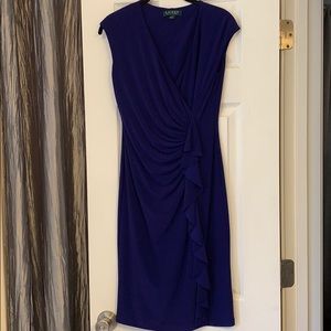 V neck faux wrap side ruffle dress sleeveless